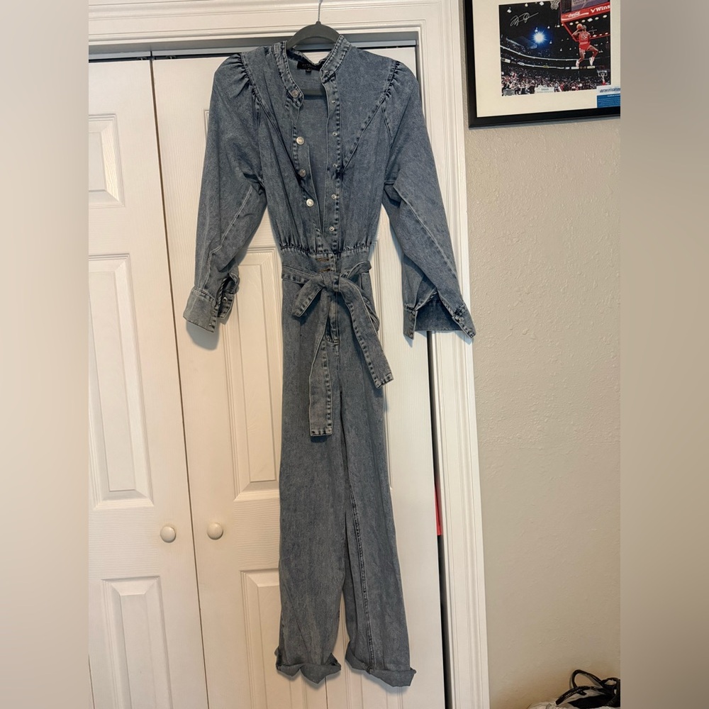 Denim Button-Up Jumpsuit with Belt